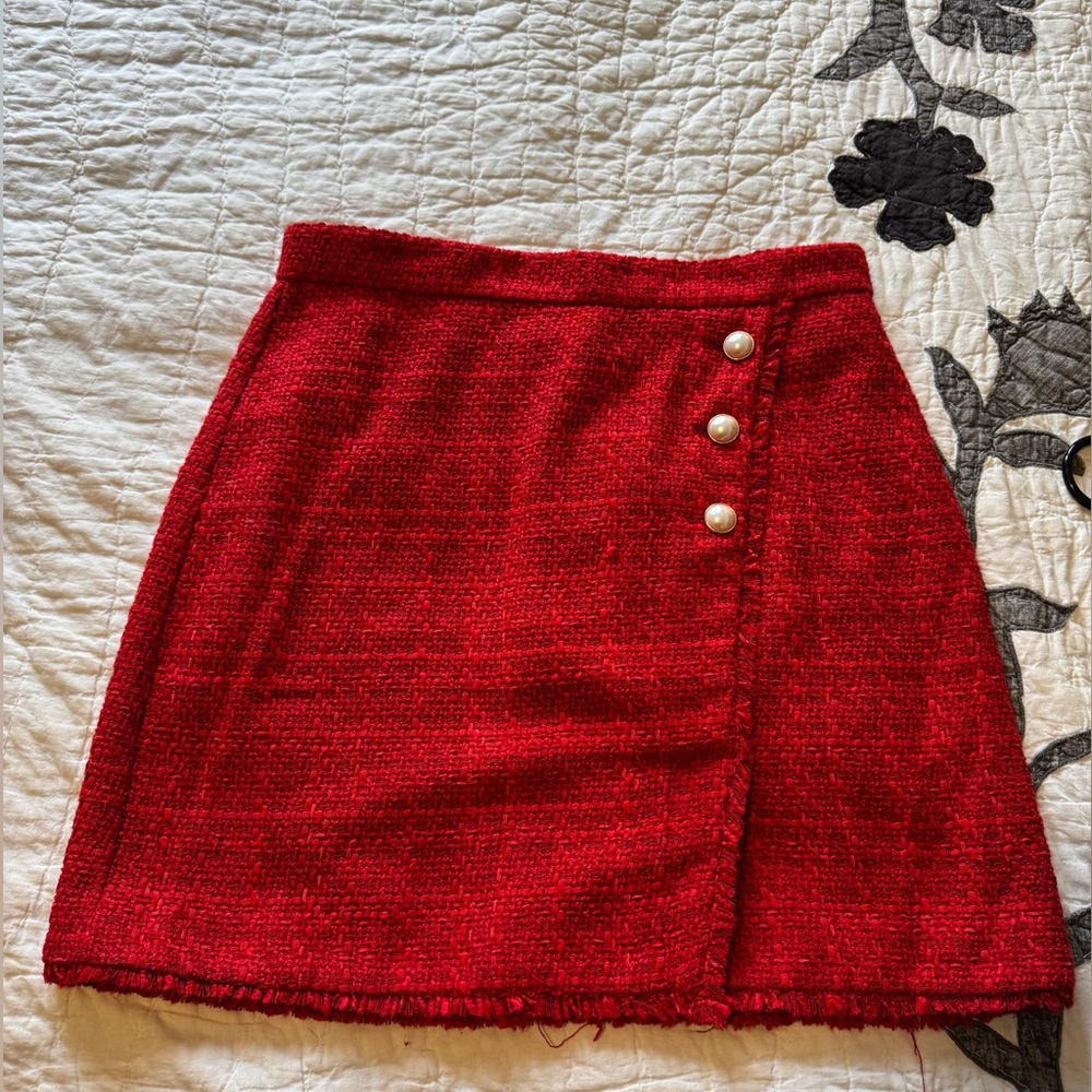 Ann Taylor Red Tweed Faux Wrap Mini Skirt with Pearl Accents